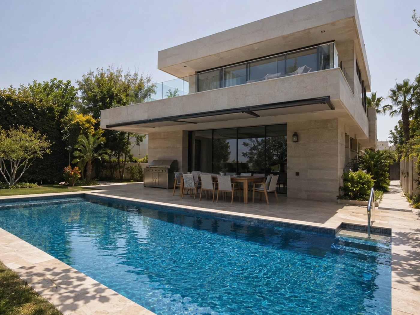 A contemporary stone-clad Israeli house with deep cantilevered eaves, full-height glazing and a pool terrace